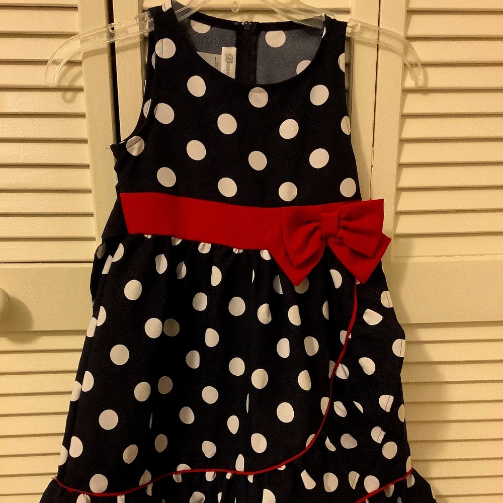 Bonnie jean dress Navy w/white dots red bow